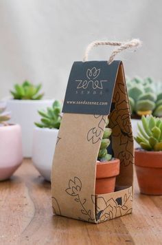 an open cardboard box with succulents in it sitting on a wooden table