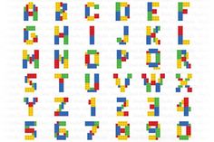 the letters and numbers made out of lego blocks are shown in different colors, shapes and sizes