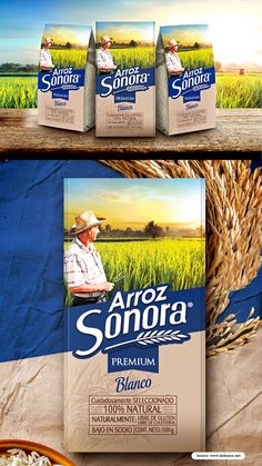 three packages of rice on display in front of a blue and white background with an image of