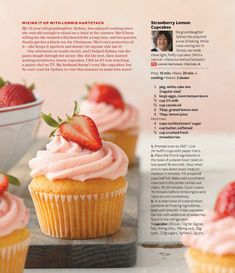 an article about strawberry cupcakes with frosting and strawberries