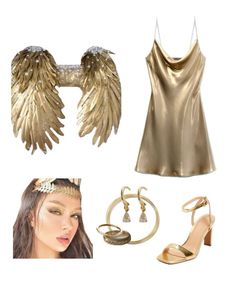 a woman's outfit with gold wings on it, including heels and bracelets