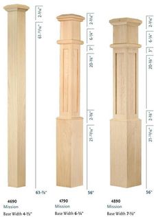 the measurements for an unfinished wood post and column are shown in three different sizes, including height