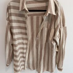 Tan and cream striped linen shirt #linenlove Striped Linen Shirt, Striped Linen, Linen Shirt, Women's Shirt, Top Shirt, Womens Shirts, Womens Tops, Women Accessories, Outfit Accessories