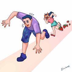 two people are running down the road with strawberries in their hands and one person is holding his head