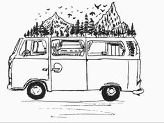 a drawing of a van with mountains and trees on the roof is shown in black and white