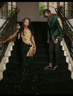 Posion Ivy Prom Dress, Emerald Green Prom Dress With Gold, Champagne Prom Dress Black Couple, Green Prom Suit Black Men, Prom Dresses For Dark Skin Black Women, Green And Gold Prom Dress Black Women, Jamaican Prom Dress, Prom Dress Gold And Black, Emerald Green Prom Dress With Date