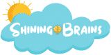 the shining brain logo is shown on a white background with blue clouds and yellow sun