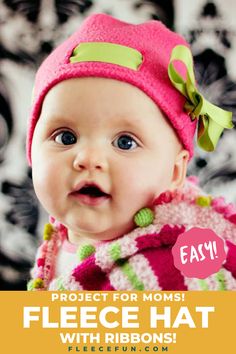 an adorable fleece hat with pink ribbons, with baby, child, and adult sizes, made with free pattern and step by step tutorial from fleece fun Easy Fleece Hat, Fleece Hat Tutorial, Fleece Hat Pattern, Ribbon Tutorial, Hat With Ribbon, Interfacing Sewing, Fleece Hats