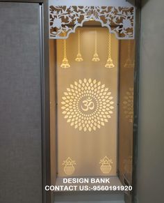 an entrance to a bank with gold decorations on the front and side panels that say, design bank contact us - 85091920090