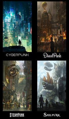 four different scenes from the movie cyberpunk, steampunk and cyberpunk