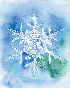 a watercolor drawing of a snowflake on a blue and green colored background