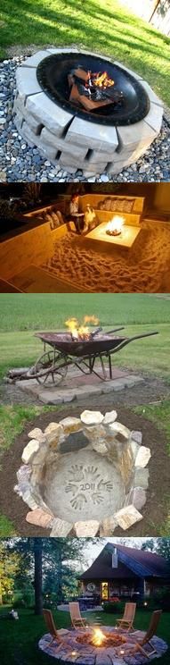 four different fire pits in the middle of some grass