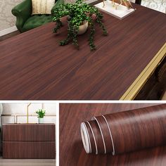 the side view of a table with a plant on it and another photo of a coffee table