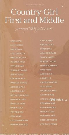 L Middle Names, Country Kid Names, Country Baby Names First And Middle, Middle Names For Girls List, Rare Beautiful Names, Cute Middle Names, Twin Baby Names