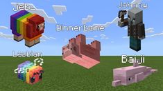 an image of some animals in minecraft with different colors and sizes on them,