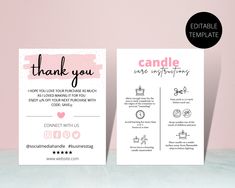 two thank cards with the words wax melts are in pink and black on them