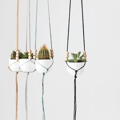 three hanging planters with succulents and plants in them, one is white