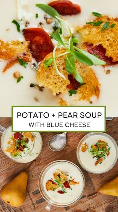 potato and pea soup with blue cheese on a cutting board next to other food items