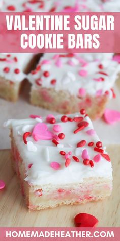 valentine sugar cookie bars with white frosting and pink sprinkles