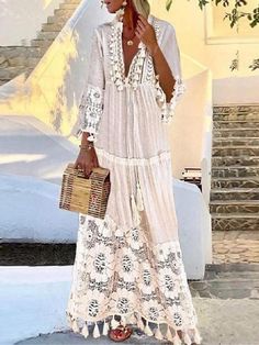 Women's White Dress Long Dress Maxi Dress Lace Patchwork Date Vacation Bohemia Maxi V Neck Long Sleeve Yellow Burgundy Blue Color 2024 - $34.99 Bohemian Style Dresses, Boho Dresses Long, Women Lace Dress, Vestido Plus Size, Womens Fall Dress, Beach Maxi Dress, Fringe Dress, Autumn Fashion Casual, Wholesale Dress