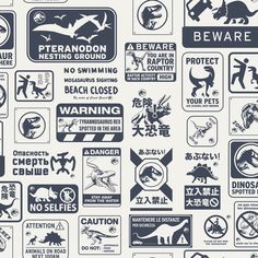 an image of various signs and stickers on a white background with blue lettering that says beware of animals