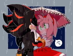 two cartoon characters hugging under an umbrella in the rain