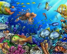 an underwater scene with many different types of fish and corals on the ocean floor