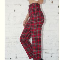 High-Rise Trouser Pants In Red, Green, Blue Plaid Print, With A Button And Zipper Closure. Fabrics: 64% Polyester, 34% Viscose, 2% Spandex Measurements: 29 Cm Rise, 71 Cm Inseam, 66 Cm Waist Casual Plaid Bottoms With Button Closure, Red Straight Leg Bottoms With Button Closure, Red Workwear Pants With Button Closure, Retro Red Bottoms For Fall, Red Cotton Bottoms With Button Closure, Trendy Red Bottoms With Button Closure, Red High-waist Bottoms With Button Closure, Red High Waist Bottoms With Button Closure, Red Cotton Bottoms With Buttons