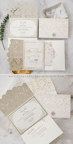 the wedding stationery is laid out on top of each other