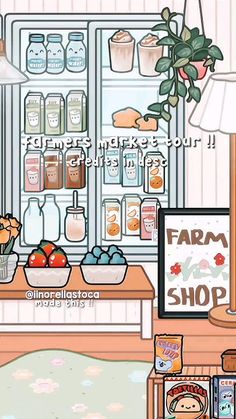 an animated image of a store with food on the counter and in front of it is a sign that says farm shop