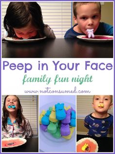 a collage of photos with the words peep in your face family fun night