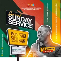 a man holding a microphone in front of a sign with the words sunday service on it