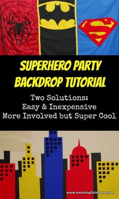 superhero party backdrop with text overlay