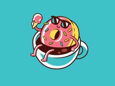 a pink donut with sprinkles and ice cream in a coffee cup