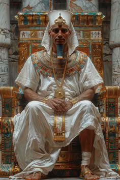 an egyptian priest sitting on a throne with his hands in his pockets and headdress