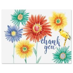 a thank card with colorful flowers and a bird on the front, in watercolor