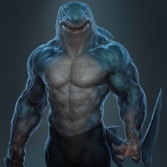 an image of a man with a shark like body and claws on his chest holding a knife