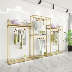 an open closet with clothes and shoes on shelves in front of a potted plant