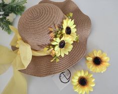 Sunflower Straw hat for girls and adult Size 1: 52cm 3-10 years 2: 48cm 1-3,5 years 3: 57-58 cm Adult Sunflower Hat, Girls Crochet Hats, Adult Easter, Floppy Straw Hat, Hat Photo, Easter Hats, Yellow Bow, Spring Hats, Sister Sister