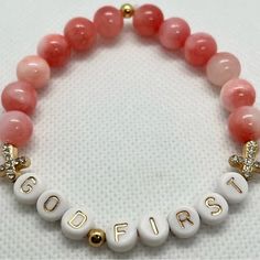 Jewelry | God First Pink Glass Beaded Bracelet With Gold Sequined Crosses | Poshmark Christian Beaded Bracelets, Verse Bracelet, Bracelet Business, Teen Crafts, Bible Verse Bracelet, Clothing Board, Diy Jewelry Rings, Keychain Ideas, Christian Bracelets