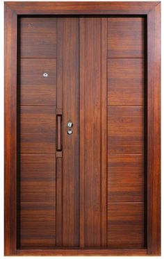 a wooden door with two sidelights on the top and bottom panel, in front of a white background