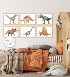 a child's bedroom with dinosaur prints on the wall