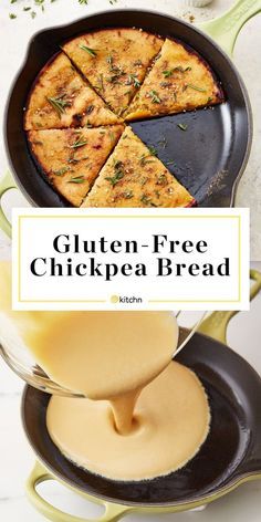 gluten - free chickpea bread in a cast iron skillet with sauce