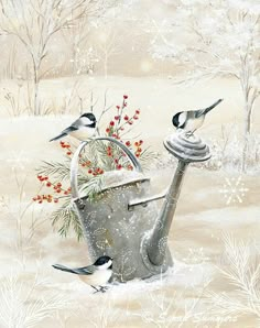 a painting of birds sitting on top of a watering can in the snow with berries