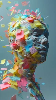 a man's head is covered in post - it notes and confetti