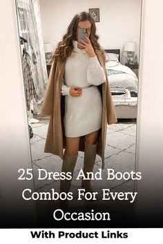 Create a simple yet chic aesthetic with this cute dress and boots outfit that will elevate your style effortlessly. Click now to discover how to rock this trend with ease! Sweater Dress With Cowboy Boots Fall, Sweater Dress With Western Boots, Knit Dress With Cowboy Boots, Tan Ankle Boots Outfit, Outfit With Dress, Boots With Dress