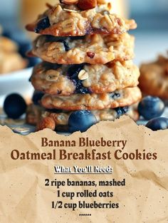 banana blueberry oatmeal breakfast cookies are stacked on top of each other