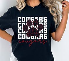 Cougars Shirt, Houston Cougars Football Shirt, Football Team Shirt, Sport Shirt, Game Day, Match Day Cougars Shirt, Cheer Team Shirts, Cheer Practice Wear, Cougars Football, School Spirit Shirts Designs, Team Shirt Designs, School Shirt Designs, Cheer Ideas, Football Team Shirts