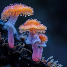 two orange and white mushrooms with water droplets on their tops sitting on a tree branch