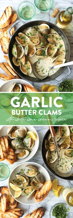 garlic butter clams in a skillet with lemon wedges